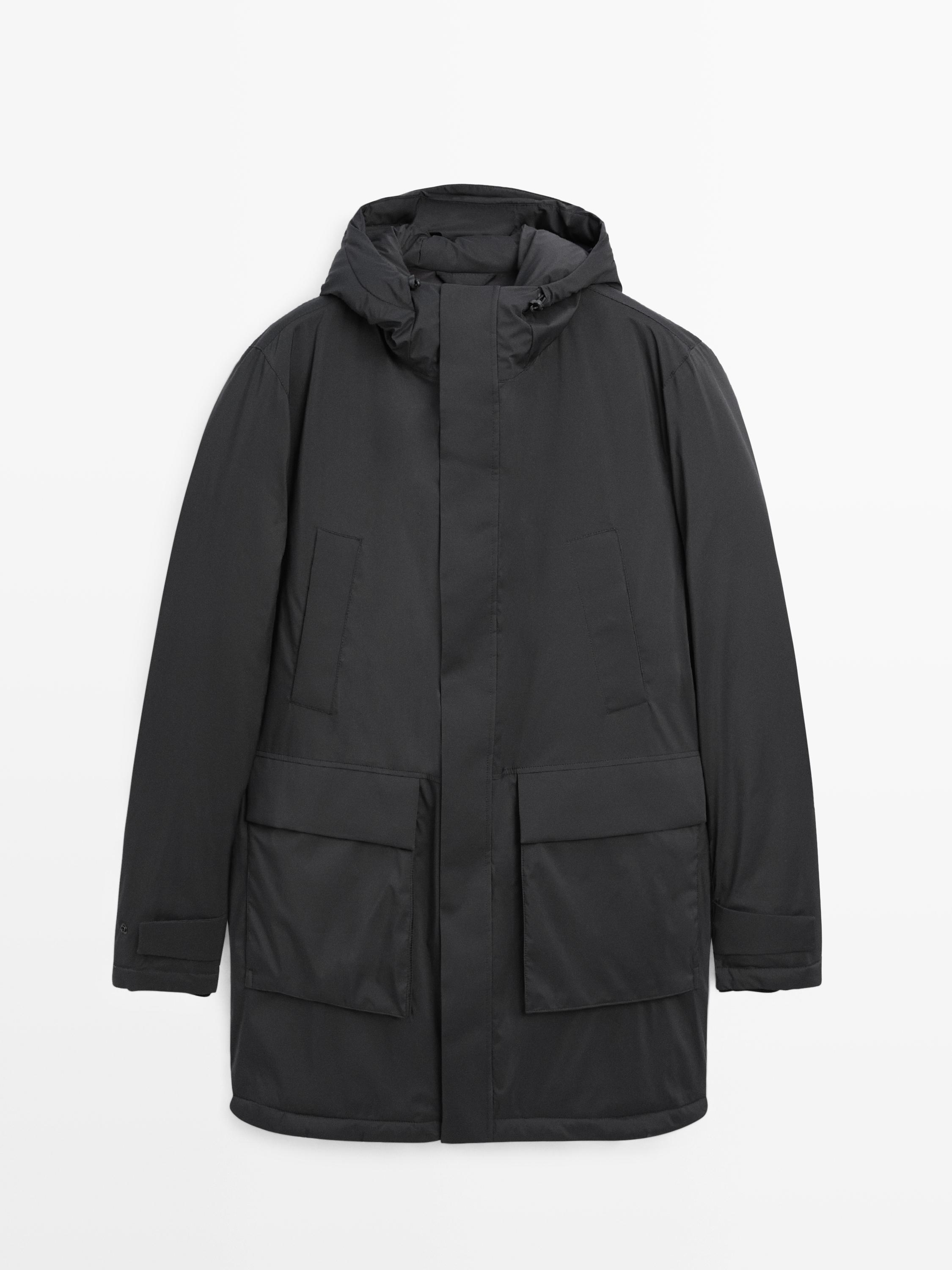 Long water-repellent down blend hooded parka